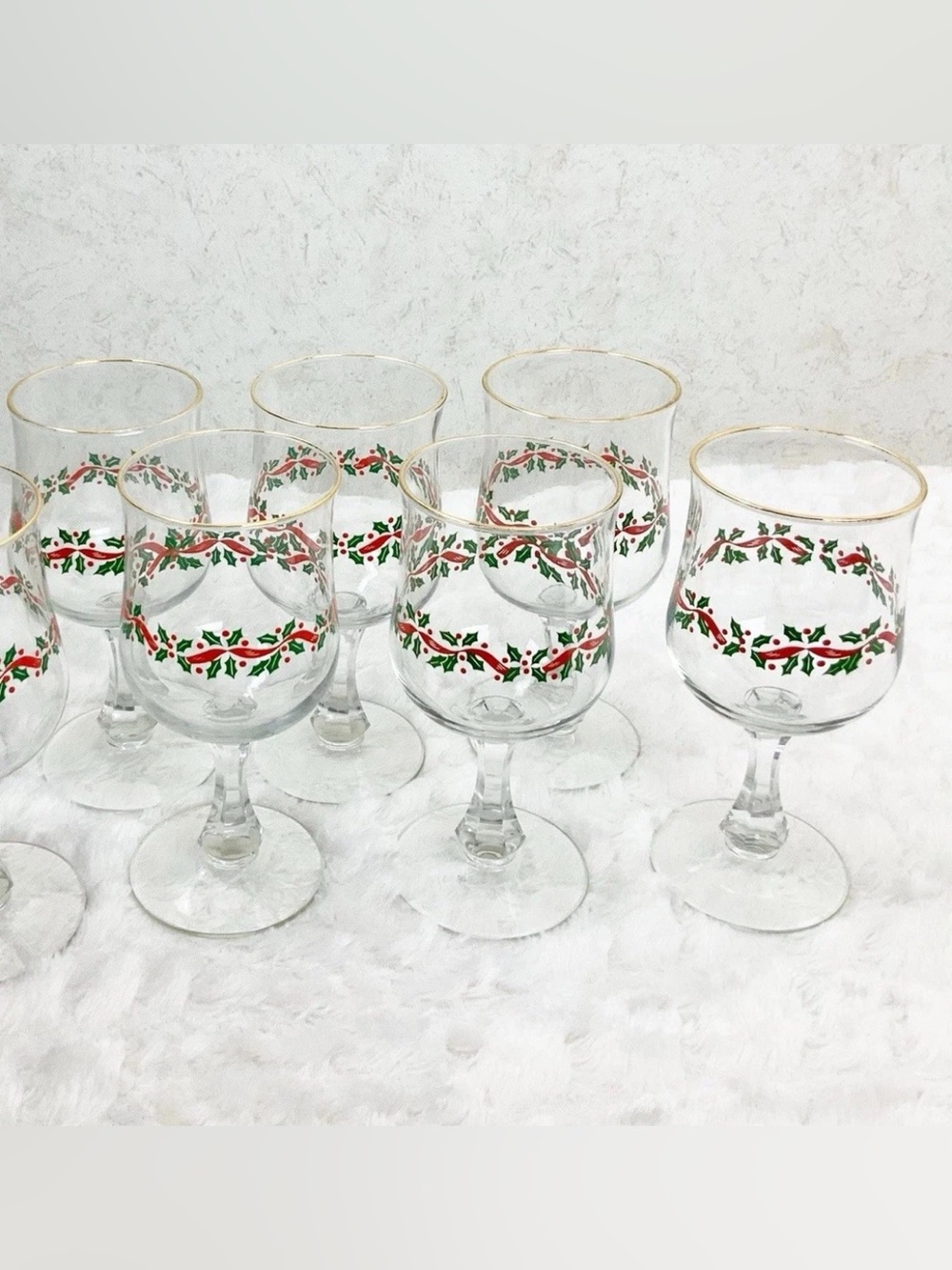 Vintage Libbey Holly Berry 6 Cut Stem Wine Glasses Christmas Holiday Gold Trim
